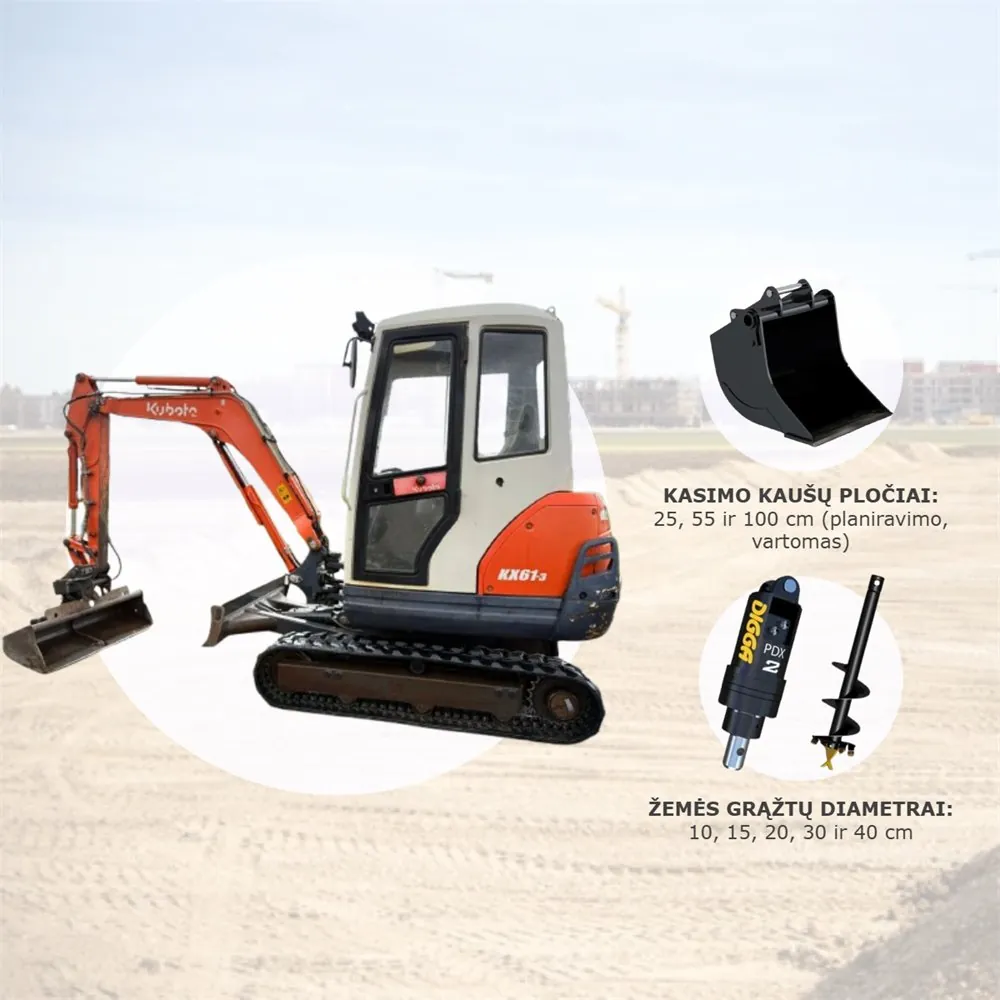 Mini ekskavatorius Kubota KX61-3 su kasimo kaušais ir žemės grąžtais – žemės darbai Alytuje