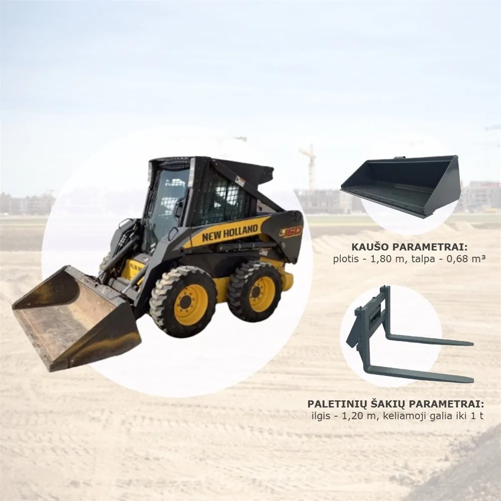 Mini krautuvas New Holland L160 su kaušu ir paletinėmis šakėmis – darbai su technika Alytuje